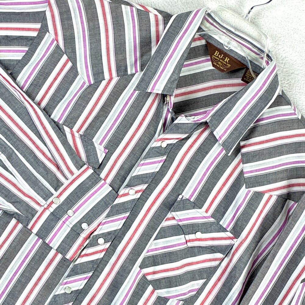 VTG BJ-R Pearl Snap Western Shirt Men XXL Gray Pink Purple White Stripe Cowboy